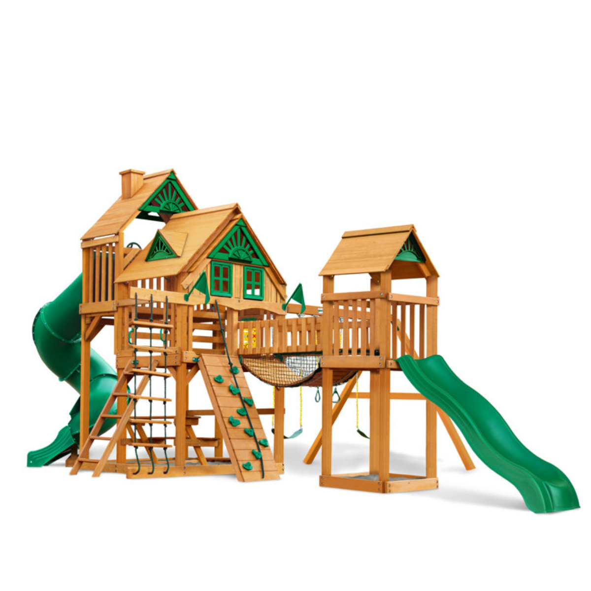 Gorilla Playsets Treasure Trove II Treehouse Wooden Swing Set — front view